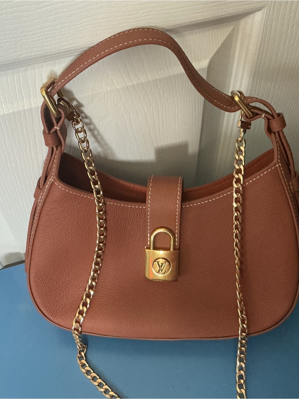 Designer-Inspired Tan Leather Shoulder Bag with Gold Chain Strap
